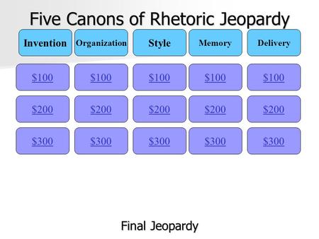 Five Canons of Rhetoric Jeopardy $100 Invention Organization Style MemoryDelivery $200 $300 $200 $100 $300 $200 $100 $300 $200 $100 $300 $200 $100 Final.