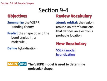 Section 9-4 Summarize the VSEPR bonding theory.