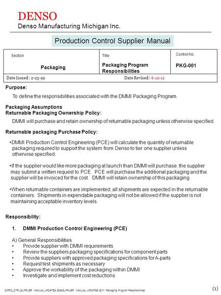 DENSO Denso Manufacturing Michigan Inc. Production Control Supplier Manual Section Packaging Title Packaging Program Responsibilities Control No. PKG-001.