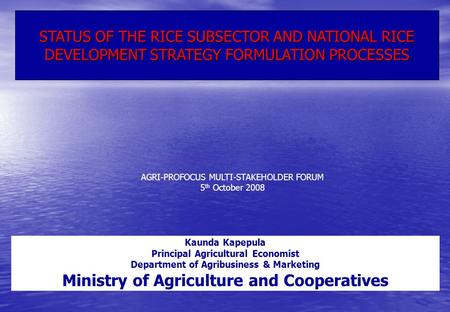 STATUS OF THE RICE SUBSECTOR AND NATIONAL RICE DEVELOPMENT STRATEGY FORMULATION PROCESSES AGRI-PROFOCUS MULTI-STAKEHOLDER FORUM 5 th October 2008 Kaunda.