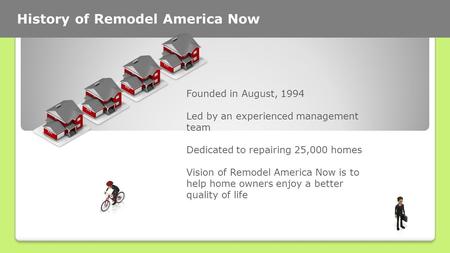 History of Remodel America Now Founded in August, 1994 Led by an experienced management team Dedicated to repairing 25,000 homes Vision of Remodel America.