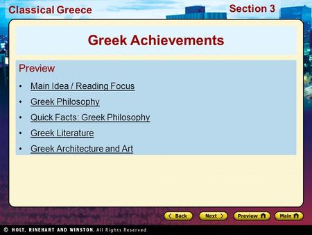Greek Achievements Preview Main Idea / Reading Focus Greek Philosophy
