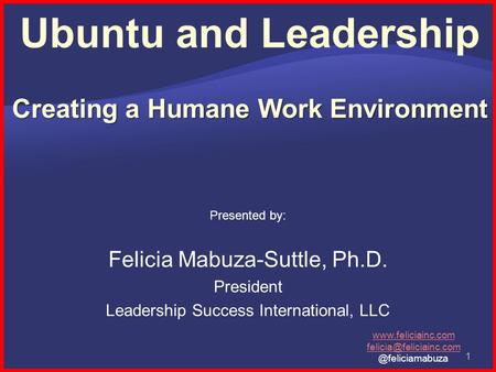 1 Presented by: Felicia Mabuza-Suttle, Ph.D. President Leadership Success International, LLC 1