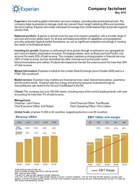 Company factsheet May 2010 Experian is the leading global information services company, providing data and analytical tools. The company helps businesses.