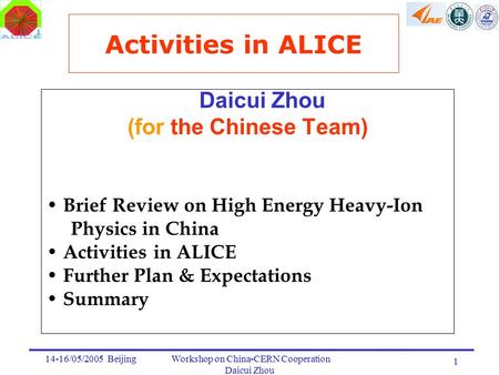 14-16/05/2005 Beijing Workshop on China-CERN Cooperation Daicui Zhou 1 Activities in ALICE Daicui Zhou (for the Chinese Team) Brief Review on High Energy.