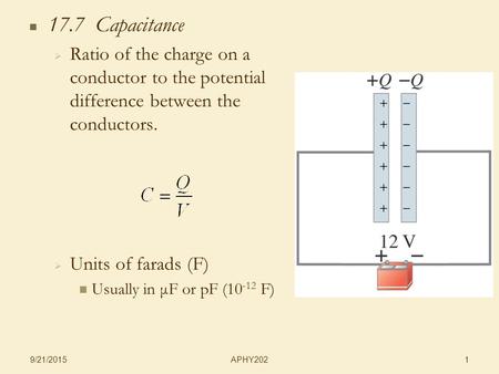 APHY202 9/21/2015 1 17.7 Capacitance   Ratio of the charge on a conductor to the potential difference between the conductors.   Units of farads (F)