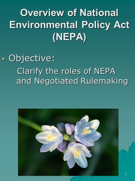 1 Overview of National Environmental Policy Act (NEPA)  Objective: Clarify the roles of NEPA and Negotiated Rulemaking Clarify the roles of NEPA and Negotiated.