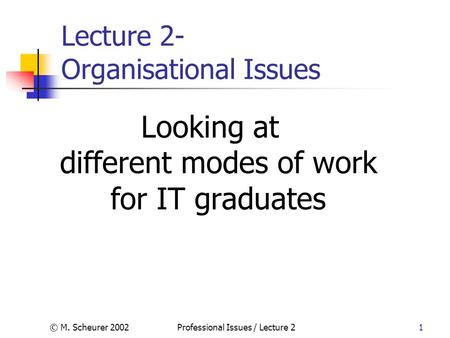 © M. Scheurer 2002Professional Issues / Lecture 21 Lecture 2- Organisational Issues Looking at different modes of work for IT graduates.