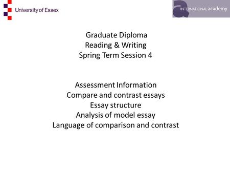 Graduate Diploma Reading & Writing Spring Term Session 4 Assessment Information Compare and contrast essays Essay structure Analysis of model essay Language.
