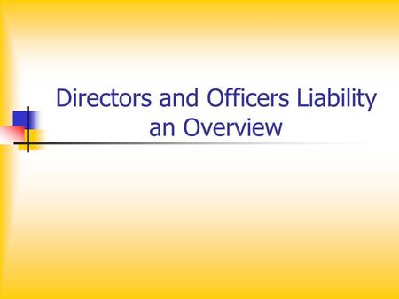 Directors and Officers Liability an Overview. Directors and Officers Responsibilities To the stock holder Duty of Care Business Judgment Rule Duty of.