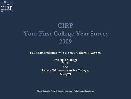 CIRP Your First College Year Survey 2009 Higher Education Research Institute, University of California at Los Angeles Full-time Freshmen who entered College.