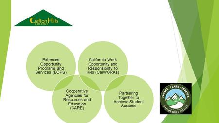 Extended Opportunity Programs and Services (EOPS) Cooperative Agencies for Resources and Education (CARE) California Work Opportunity and Responsibility.
