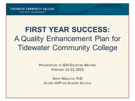 FIRST YEAR SUCCESS: A Quality Enhancement Plan for Tidewater Community College P RESENTATION TO SDV D ISCIPLINE M EETING F EBRUARY 11-12, 2013 K ATHY M.