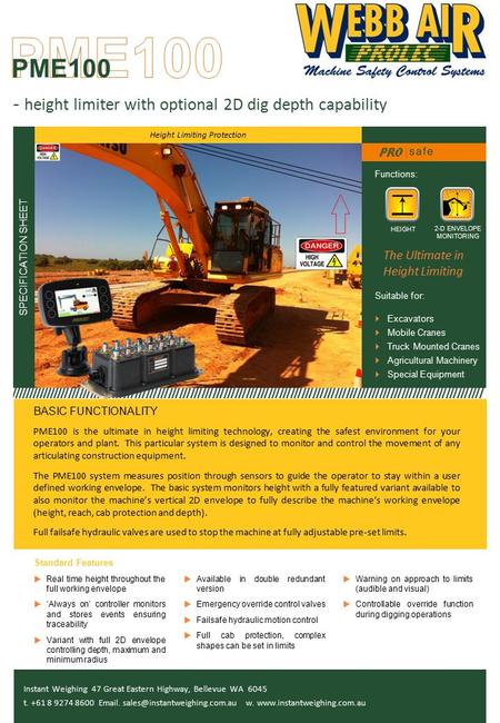 PME100 - height limiter with optional 2D dig depth capability SPECIFICATION SHEET Functions: Suitable for: ////////////////////////////////////////////////////////////////////////////////////////////////////////////////////////////////