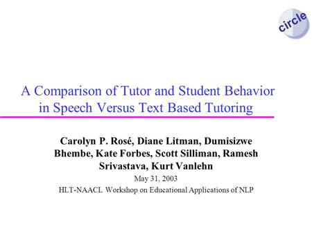 circle A Comparison of Tutor and Student Behavior in Speech Versus Text Based Tutoring Carolyn P. Rosé, Diane Litman, Dumisizwe Bhembe, Kate Forbes, Scott.