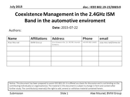 Submission doc.: IEEE 802.19-15/0065r0 July 2015 Alaa Mourad, BMW GroupSlide 1 Coexistence Management in the 2.4GHz ISM Band in the automotive enviroment.