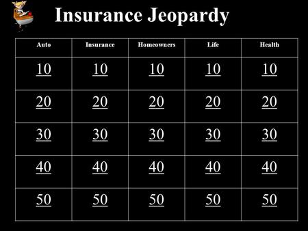 Insurance Jeopardy AutoInsuranceHomeownersLifeHealth 10 20 30 40 50.