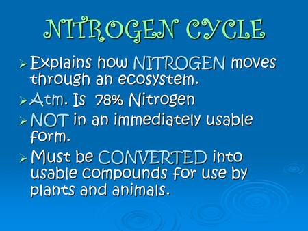 NITROGEN CYCLE Explains how NITROGEN moves through an ecosystem.
