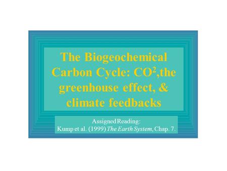 The Biogeochemical Carbon Cycle: CO 2,the greenhouse effect, & climate feedbacks Assigned Reading: Kump et al. (1999) The Earth System, Chap. 7.