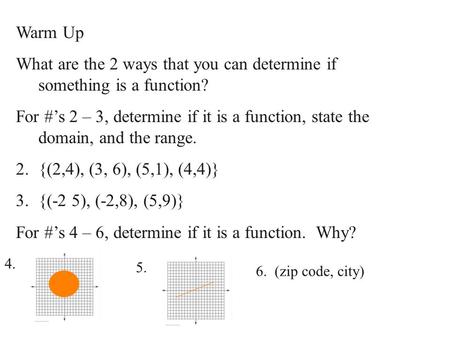 Warm Up What are the 2 ways that you can determine if something is a function? For #’s 2 – 3, determine if it is a function, state the domain, and the.