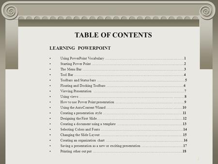TABLE OF CONTENTS LEARNING POWERPOINT