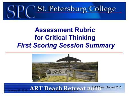 January 29, 2010ART Beach Retreat 2010 1ART Beach Retreat 2010 Assessment Rubric for Critical Thinking First Scoring Session Summary ART Beach Retreat.