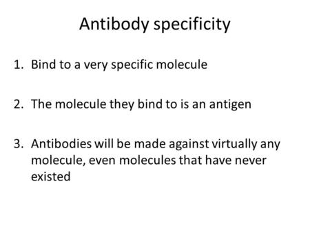Antibody specificity 1.Bind to a very specific molecule 2.The molecule they bind to is an antigen 3.Antibodies will be made against virtually any molecule,