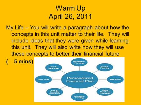 Warm Up April 26, 2011 My Life – You will write a paragraph about how the concepts in this unit matter to their life. They will include ideas that they.