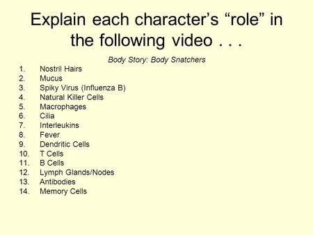 Explain each character’s “role” in the following video... Body Story: Body Snatchers 1.Nostril Hairs 2.Mucus 3.Spiky Virus (Influenza B) 4.Natural Killer.