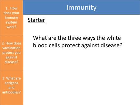 Starter What are the three ways the white blood cells protect against disease? 1. How does your immune system work? Immunity 3. What are antigens and antibodies?