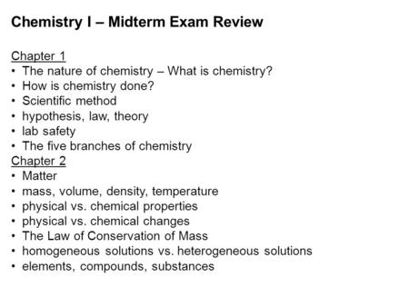 Chemistry I – Midterm Exam Review