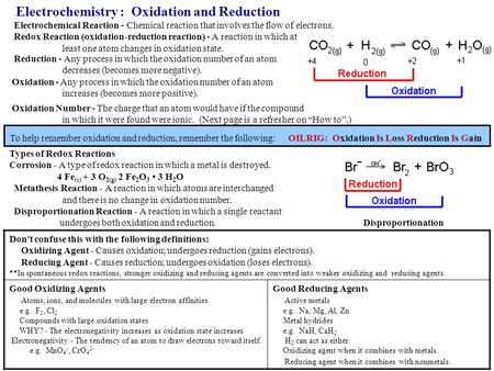Electrochemistry : Oxidation and Reduction Electrochemical Reaction - Chemical reaction that involves the flow of electrons. Redox Reaction (oxidation-reduction.