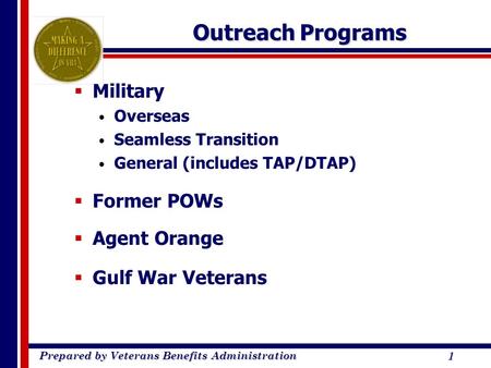 Prepared by Veterans Benefits Administration 1 Outreach Programs  Military Overseas Seamless Transition General (includes TAP/DTAP)  Former POWs  Agent.