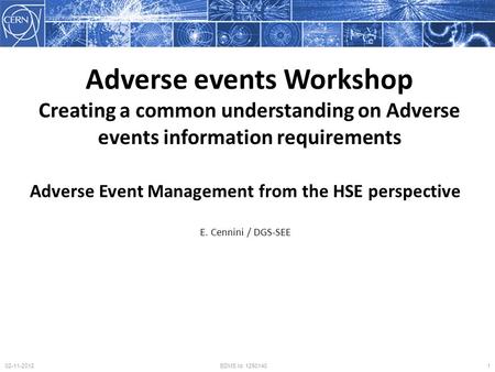 Adverse Event Management from the HSE perspective E. Cennini / DGS-SEE 102-11-2012EDMS Id. 1250140 Adverse events Workshop Creating a common understanding.
