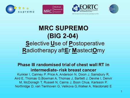 1 MRC SUPREMO (BIG 2-04) Selective Use of Postoperative Radiotherapy aftEr MastectOmy Phase III randomised trial of chest wall RT in intermediate- risk.