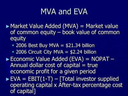 MVA and EVA ► Market Value Added (MVA) = Market value of common equity – book value of common equity  2006 Best Buy MVA = $21.34 billion  2006 Circuit.