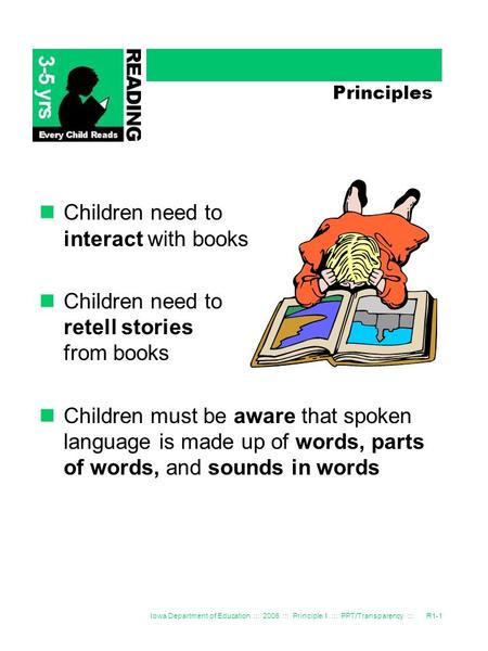 Iowa Department of Education ::: 2006 ::: Principle 1 ::: PPT/Transparency :::R1-1 Principles Children need to interact with books Children need to retell.