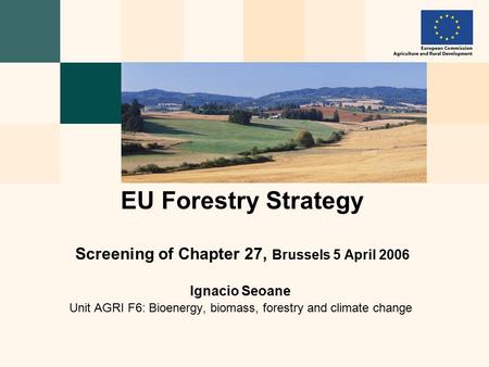 Ignacio Seoane Unit AGRI F6: Bioenergy, biomass, forestry and climate change EU Forestry Strategy Screening of Chapter 27, Brussels 5 April 2006.