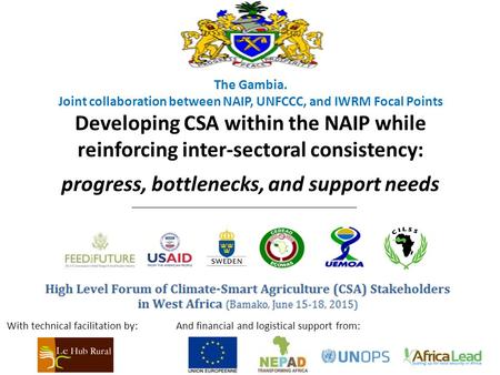 The Gambia. Joint collaboration between NAIP, UNFCCC, and IWRM Focal Points Developing CSA within the NAIP while reinforcing inter-sectoral consistency: