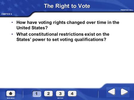 The Right to Vote How have voting rights changed over time in the United States? What constitutional restrictions exist on the States’ power to set voting.