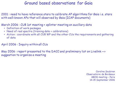 Ground based observations for Gaia 2001 : need to have reference stars to calibrate AP algorithms for Gaia i.e. stars with well-known APs that will observed.