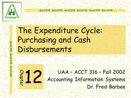 Acct 316 Acct 316 Acct 316 The Expenditure Cycle: Purchasing and Cash Disbursements 12 UAA – ACCT 316 – Fall 2002 Accounting Information Systems Dr. Fred.