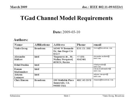 Doc.: IEEE 802.11-09/0323r1 Submission March 2009 Vinko Erceg, BroadcomSlide 1 TGad Channel Model Requirements Date: 2009-03-10 Authors: