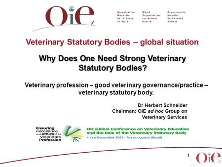Dr Herbert Schneider Chairman: OIE ad hoc Group on Veterinary Services Veterinary Statutory Bodies – global situation Why Does One Need Strong Veterinary.