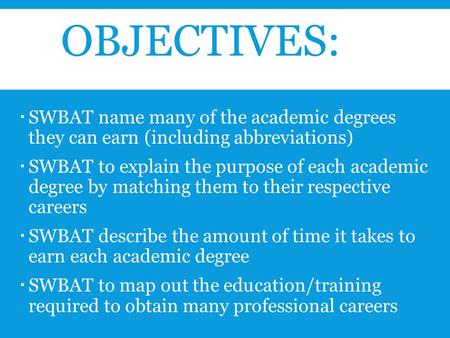 OBJECTIVES:  SWBAT name many of the academic degrees they can earn (including abbreviations)  SWBAT to explain the purpose of each academic degree by.