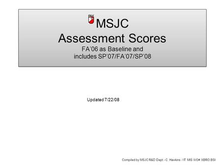 MSJC Assessment Scores FA’06 as Baseline and includes SP’07/FA’07/SP’08 Updated 7/22/08 Compiled by MSJC R&D Dept.- C. Hawkins / IT MIS WO# XBRO.BSI.