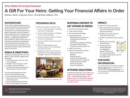 A Gift For Your Heirs: Getting Your Financial Affairs in Order Marrison, David L. & Bruynis, Chris L. 39 Wall Street, Jefferson, Ohio BACKGROUND: When.