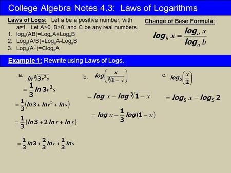 College Algebra Notes 4.3: Laws of Logarithms