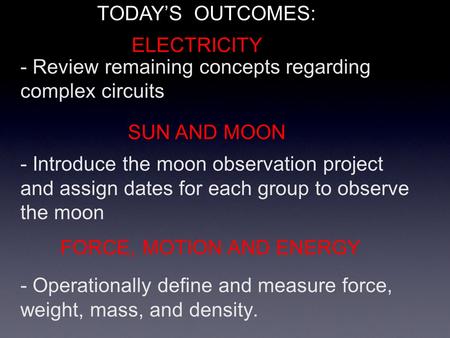 - Review remaining concepts regarding complex circuits - Introduce the moon observation project and assign dates for each group to observe the moon - Operationally.