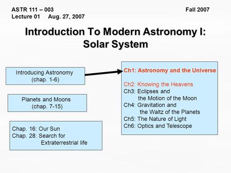 ASTR 111 – 003 Fall 2007 Lecture 01 Aug. 27, 2007 Introducing Astronomy (chap. 1-6) Introduction To Modern Astronomy I: Solar System Ch1: Astronomy and.
